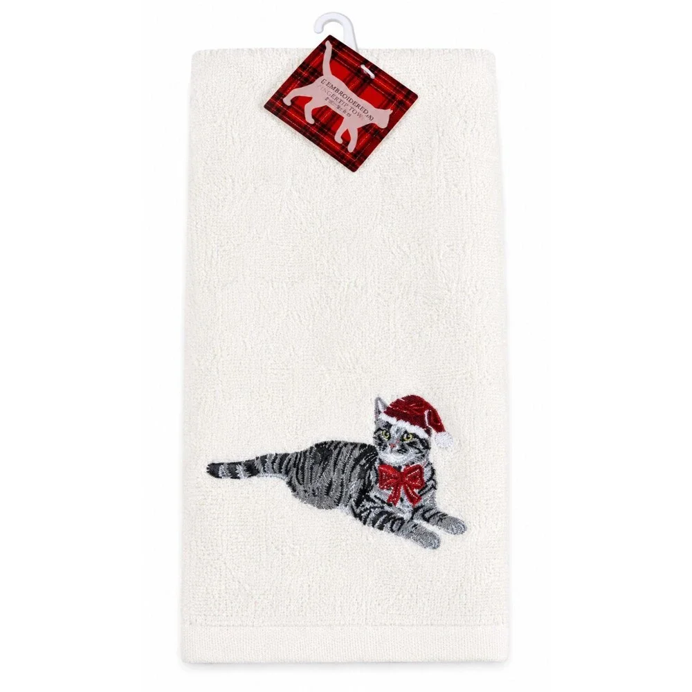 Christmas Hand Towels Set of 2 Gray Striped Tiger Cat Embroidered Cotton 16x26